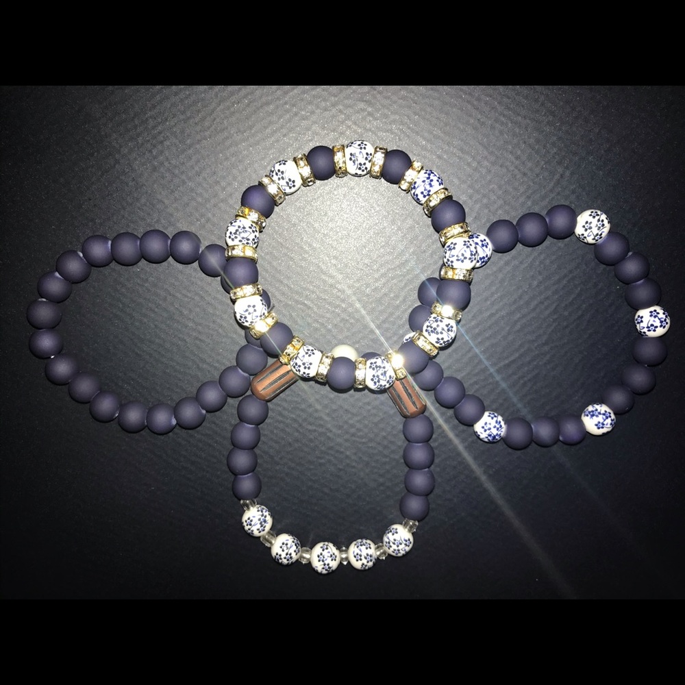 Matte Blue Golden Handmade Stretchy Bracelet Stack